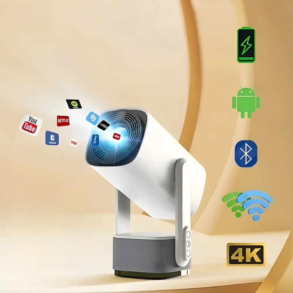 Flexibler Beamer – Android 11, 230° Neigungswinkel, Autofokus, Akku, Wi-Fi 5G, Bluetooth 5.2, 10W Lautsprecher Projektor