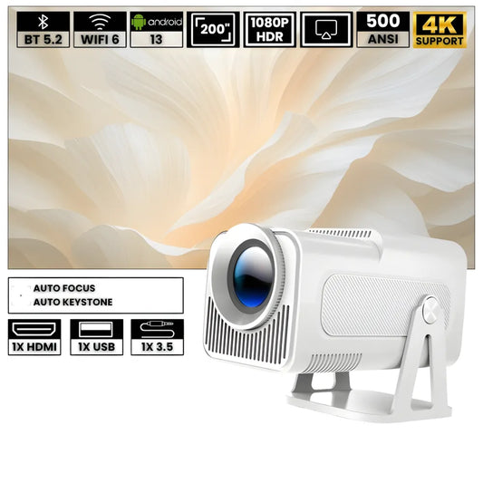 Tragbarer Full HD 1080p Beamer – Android 13, 500 ANSI Lumen, Autofokus, Drehbare Basis, Wi-Fi 6, Bluetooth 5.2 Projektor