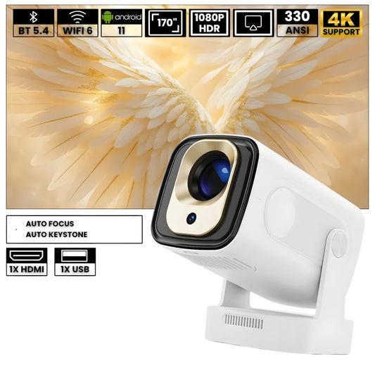 Tragbarer Smart Beamer – Full HD 1080p, Android 11, Autofokus, Wi-Fi 6, Bluetooth 5.4, 180° Rotation, Kurzdistanz Projektor