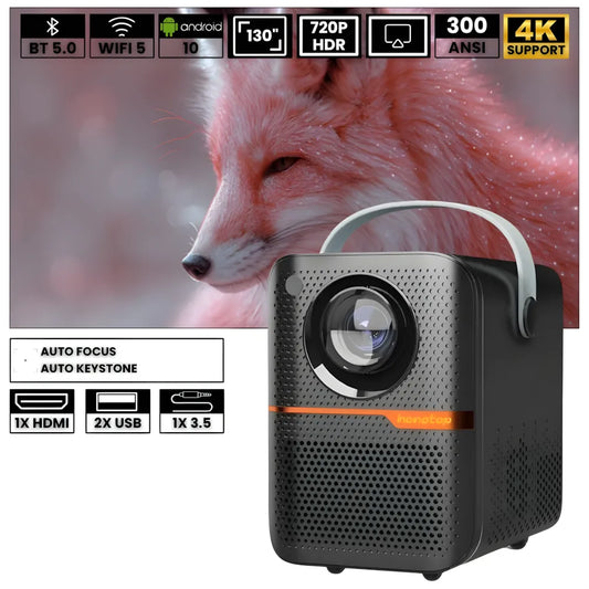 Tragbarer Mini Android Beamer – 300 ANSI Lumen, Autofokus, Android 10, Wi-Fi, Bluetooth 5.3, 6K-kompatibel Projektor