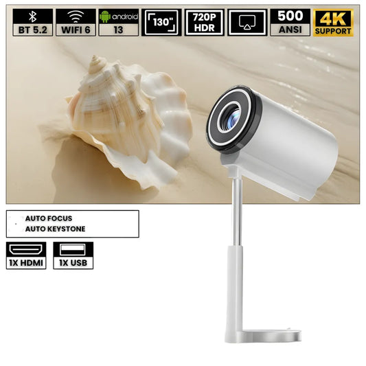 Intelligenter Mini Beamer – Android 13, 500 ANSI Lumen, Wi-Fi 5G, Bluetooth 5.0, 90° Drehung, bis zu 150 Zoll Projektor