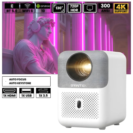 Kompakter Android Beamer – HD 720p, Android 9.0, 300 ANSI Lumen, Autofokus, Staubschutz, bis zu 200 Zoll Projektor