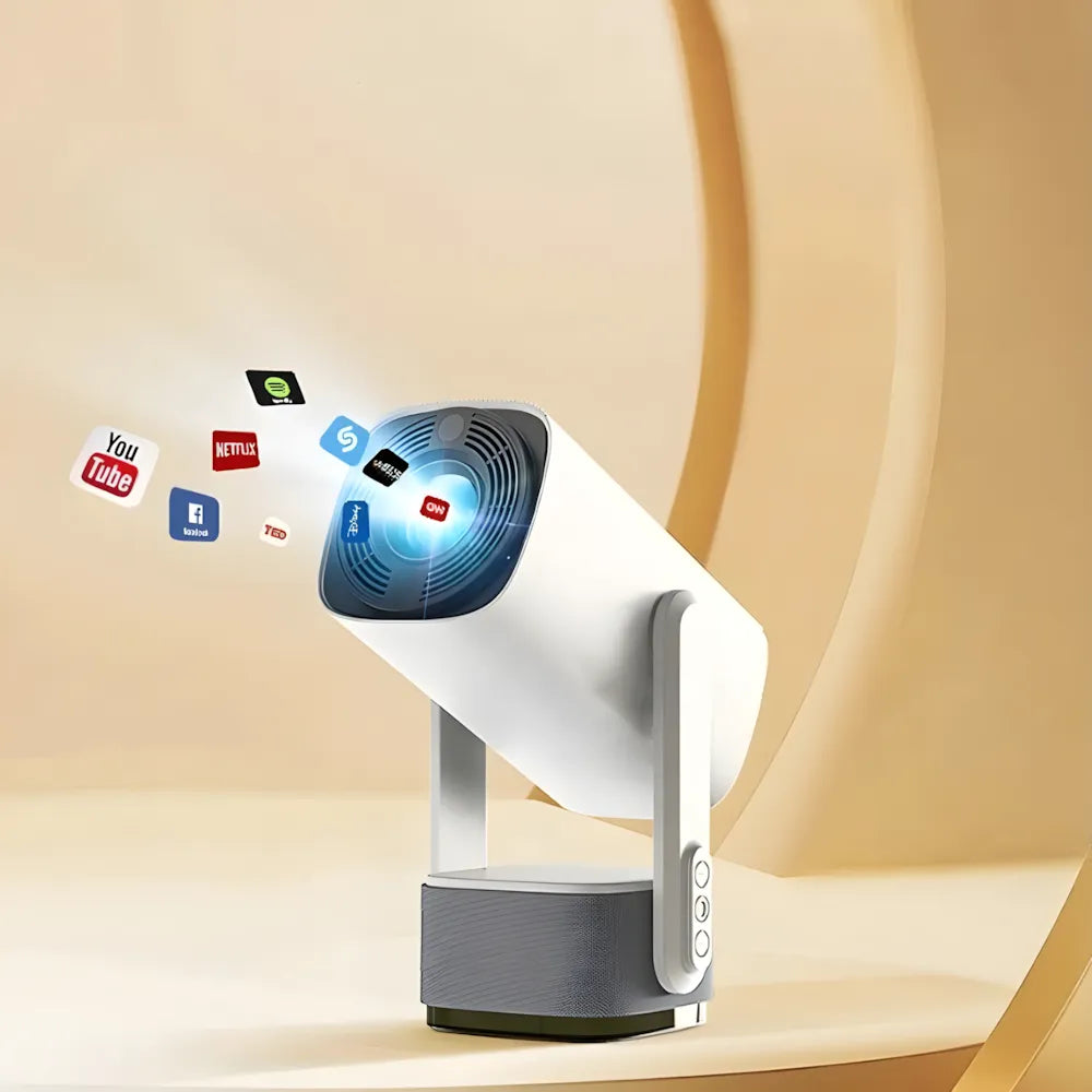 Flexibler Beamer – Android 11, 230° Neigungswinkel, Autofokus, Akku, Wi-Fi 5G, Bluetooth 5.2, 10W Lautsprecher Projektor