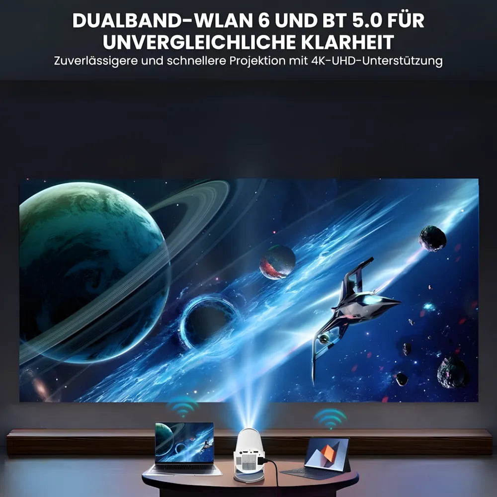 Beamer mit Android 11 – 260 ANSI Lumen, Autofokus, 180° drehbare Basis, Wi-Fi 6, Bluetooth 5.0 HD Projektor