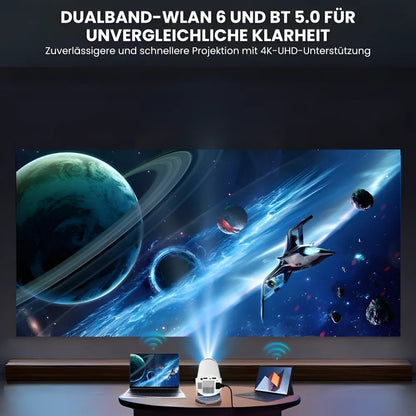 Beamer mit Android 11 – 260 ANSI Lumen, Autofokus, 180° drehbare Basis, Wi-Fi 6, Bluetooth 5.0 HD Projektor