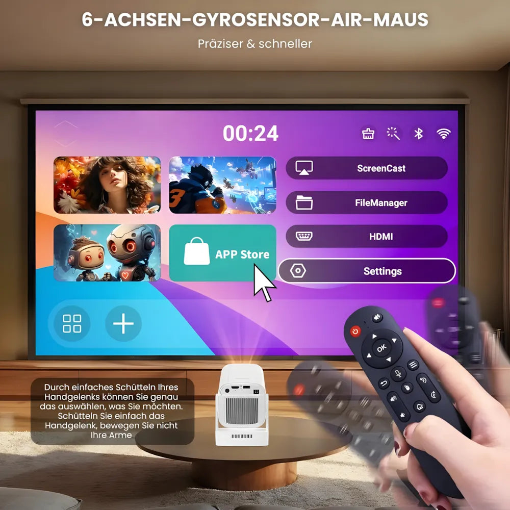 Tragbarer Smart Beamer – Full HD 1080p, Android 11, Autofokus, Wi-Fi 6, Bluetooth 5.4, 180° Rotation, Kurzdistanz Projektor
