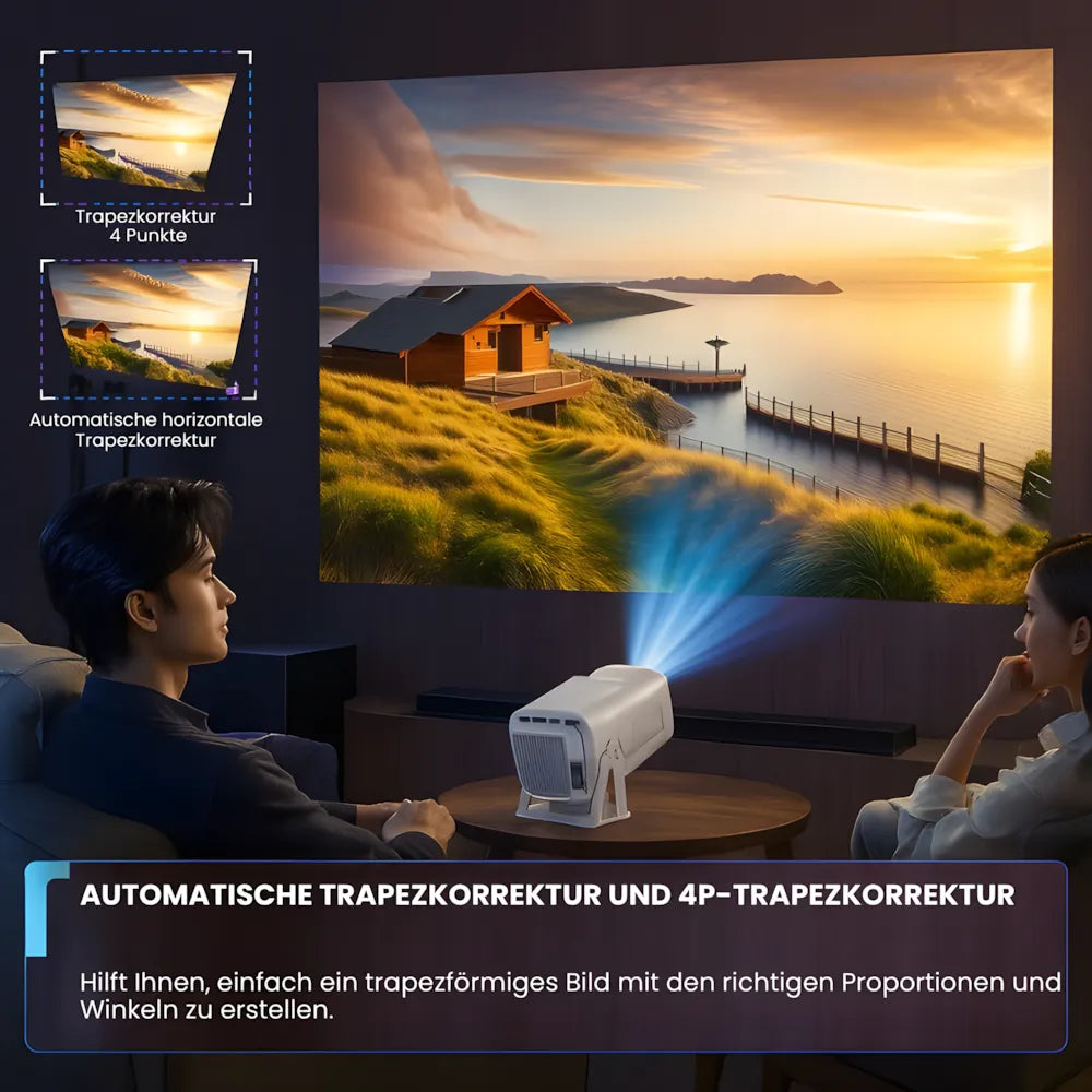 Tragbarer Full HD 1080p Beamer – Android 13, 500 ANSI Lumen, Autofokus, Drehbare Basis, Wi-Fi 6, Bluetooth 5.2 Projektor