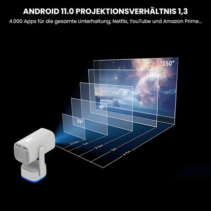 Flexibler Beamer – Android 11, 230° Neigungswinkel, Autofokus, Akku, Wi-Fi 5G, Bluetooth 5.2, 10W Lautsprecher Projektor