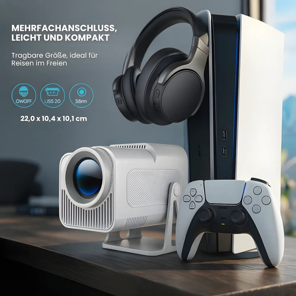 Tragbarer Full HD 1080p Beamer – Android 13, 500 ANSI Lumen, Autofokus, Drehbare Basis, Wi-Fi 6, Bluetooth 5.2 Projektor