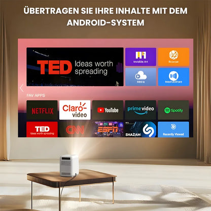 Kompakter Android Beamer – HD 720p, Android 9.0, 300 ANSI Lumen, Autofokus, Staubschutz, bis zu 200 Zoll Projektor