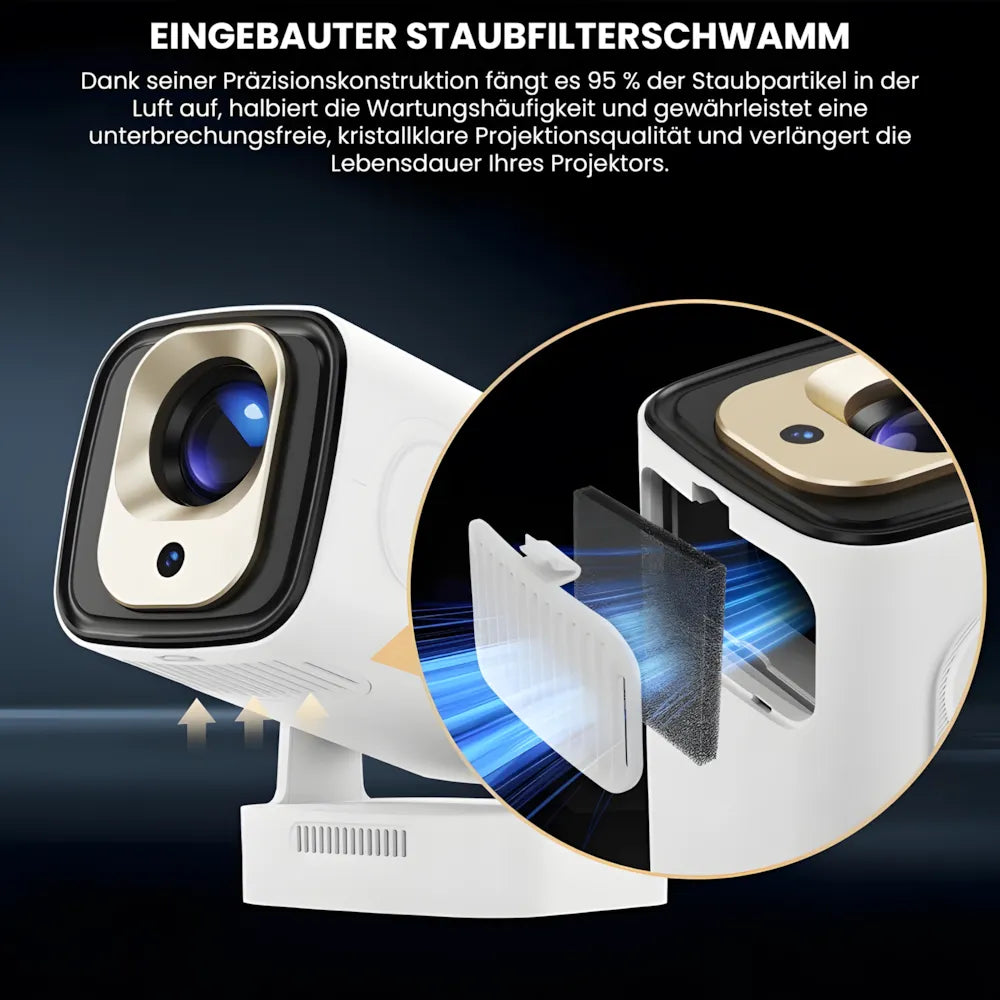 Tragbarer Smart Beamer – Full HD 1080p, Android 11, Autofokus, Wi-Fi 6, Bluetooth 5.4, 180° Rotation, Kurzdistanz Projektor