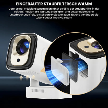 Tragbarer Smart Beamer – Full HD 1080p, Android 11, Autofokus, Wi-Fi 6, Bluetooth 5.4, 180° Rotation, Kurzdistanz Projektor