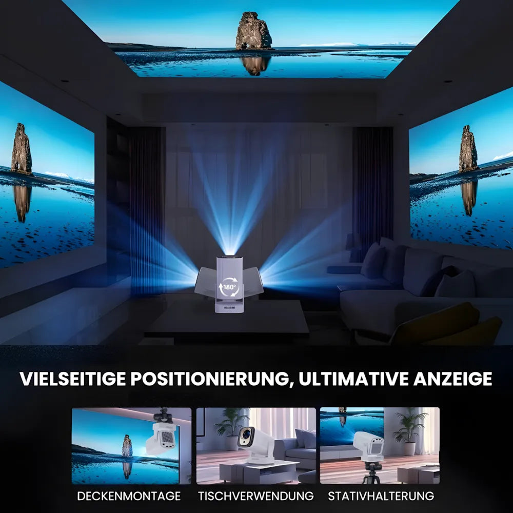 Tragbarer Smart Beamer – Full HD 1080p, Android 11, Autofokus, Wi-Fi 6, Bluetooth 5.4, 180° Rotation, Kurzdistanz Projektor