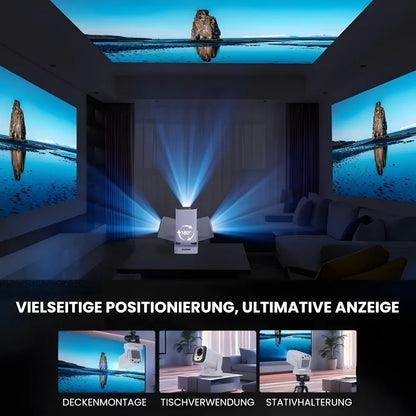 Tragbarer Smart Beamer – Full HD 1080p, Android 11, Autofokus, Wi-Fi 6, Bluetooth 5.4, 180° Rotation, Kurzdistanz Projektor