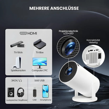 Beamer mit Android 11 – 260 ANSI Lumen, Autofokus, 180° drehbare Basis, Wi-Fi 6, Bluetooth 5.0 HD Projektor