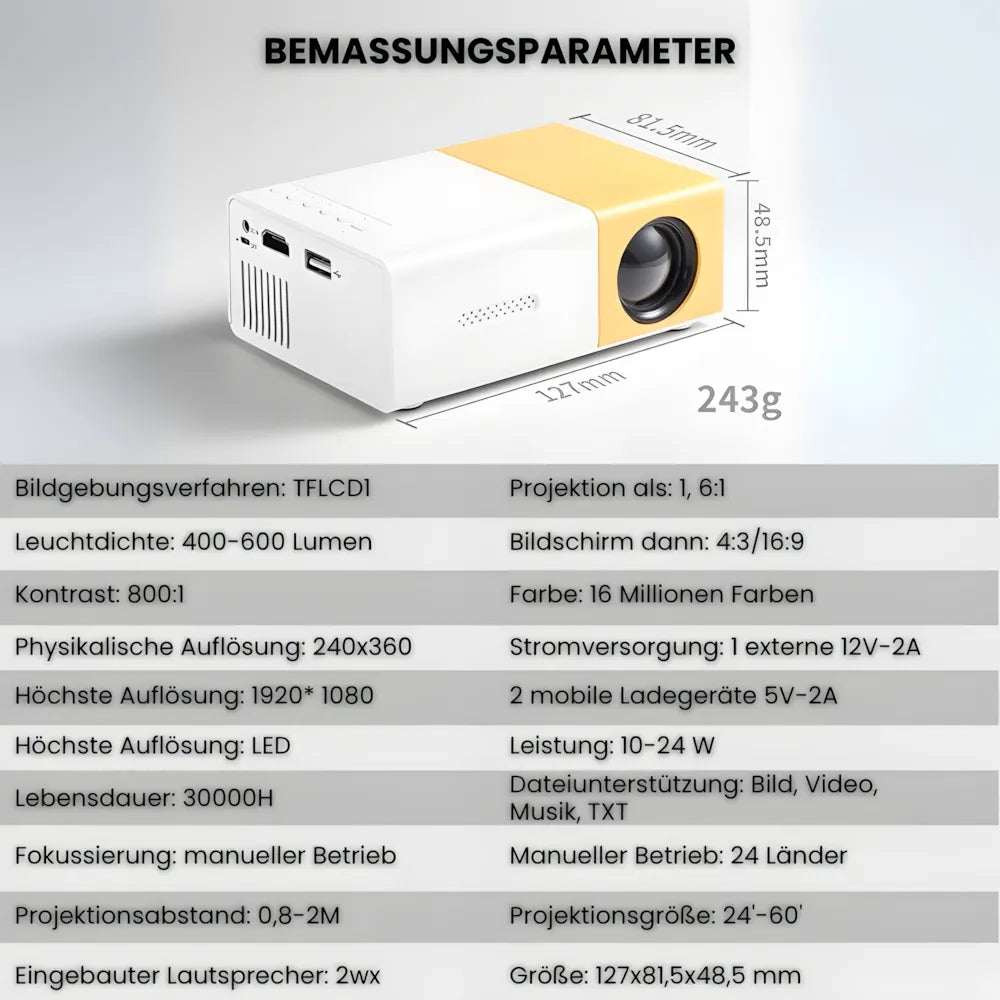 Mini Beamer tragbar – Einfacher Projektor mit HDMI & USB, Plug & Play für Filme und Spiele