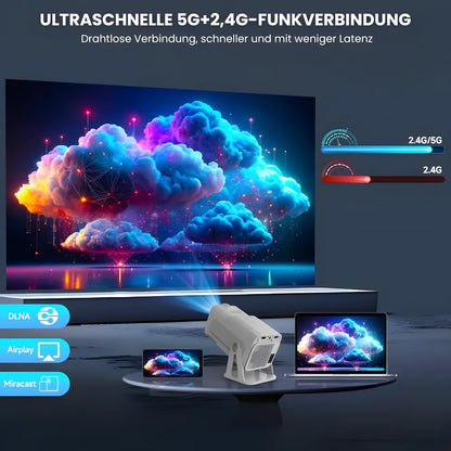 Tragbarer Full HD 1080p Beamer – Android 13, 500 ANSI Lumen, Autofokus, Drehbare Basis, Wi-Fi 6, Bluetooth 5.2 Projektor