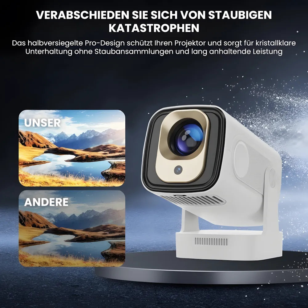 Tragbarer Smart Beamer – Full HD 1080p, Android 11, Autofokus, Wi-Fi 6, Bluetooth 5.4, 180° Rotation, Kurzdistanz Projektor