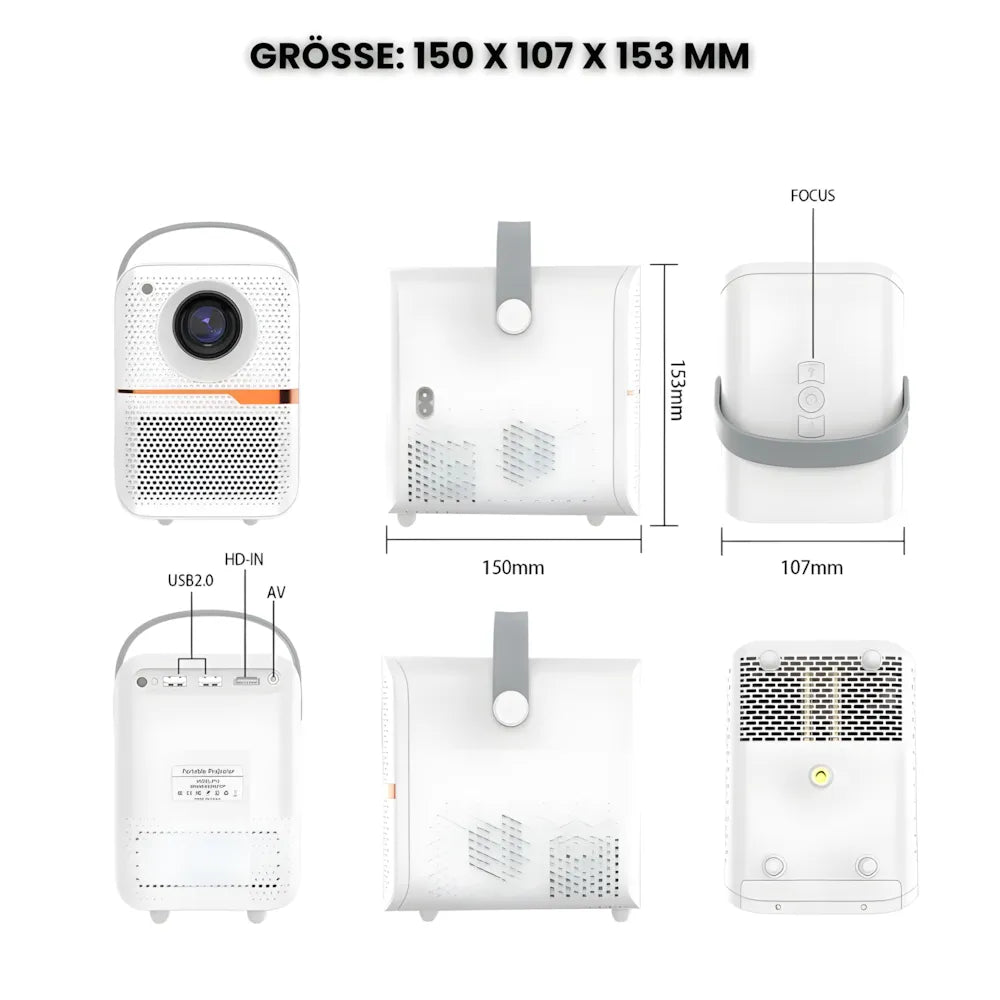 Tragbarer Mini Android Beamer – 300 ANSI Lumen, Autofokus, Android 10, Wi-Fi, Bluetooth 5.3, 6K-kompatibel Projektor