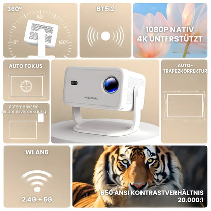 Beamer mit Android 11 und Full HD – Tragbarer Projektor mit 650 ANSI Lumen, Wi-Fi 6 & Bluetooth, 360° drehbar