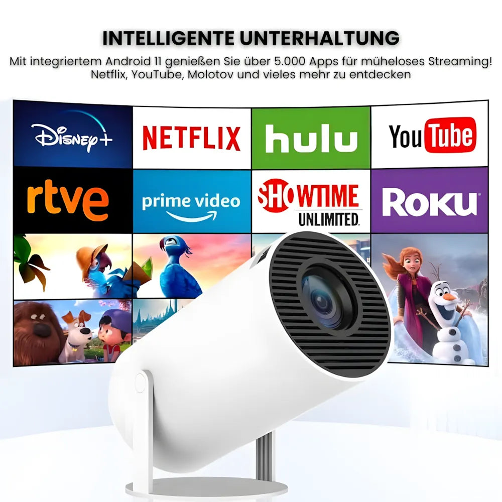 Beamer mit Android 11 – 260 ANSI Lumen, Autofokus, 180° drehbare Basis, Wi-Fi 6, Bluetooth 5.0 HD Projektor