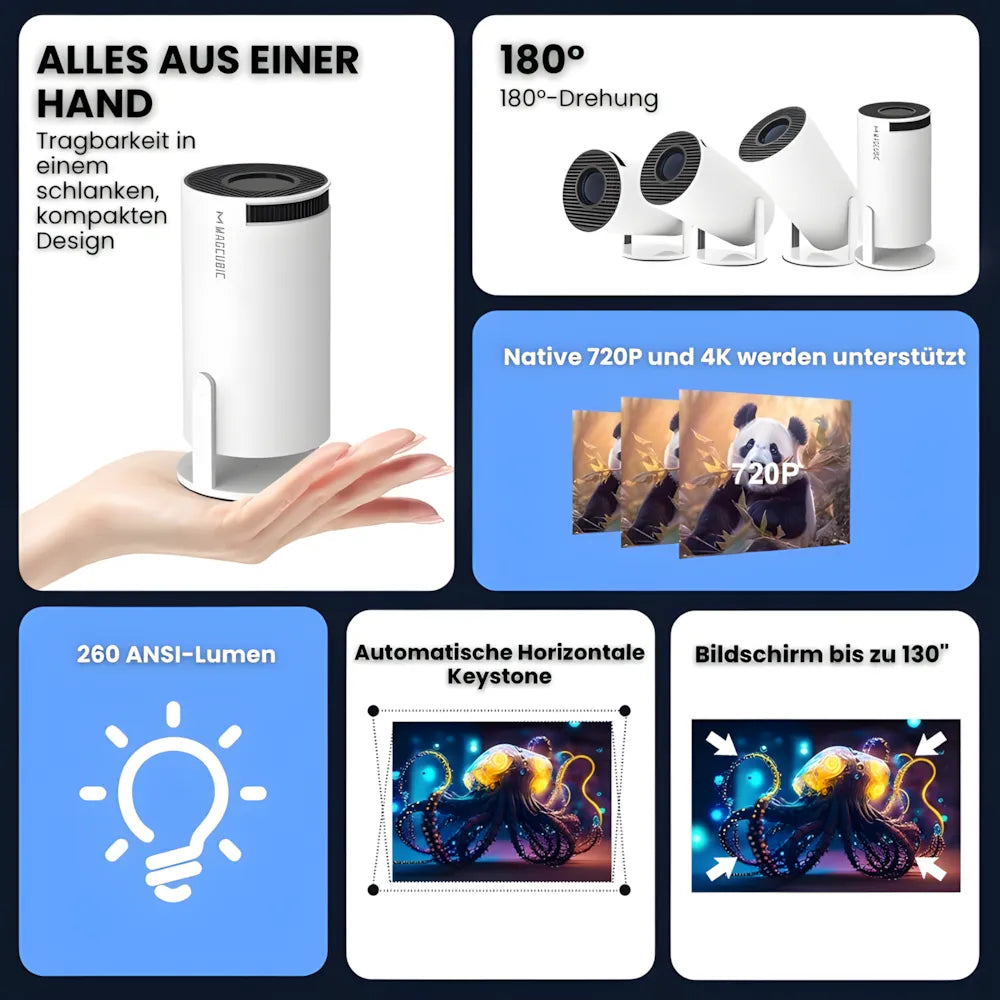 Beamer mit Android 11 – 260 ANSI Lumen, Autofokus, 180° drehbare Basis, Wi-Fi 6, Bluetooth 5.0 HD Projektor