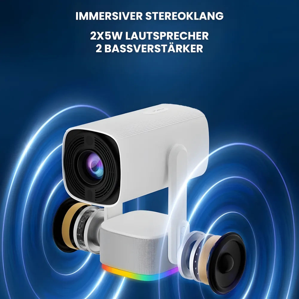 Flexibler Beamer – Android 11, 230° Neigungswinkel, Autofokus, Akku, Wi-Fi 5G, Bluetooth 5.2, 10W Lautsprecher Projektor