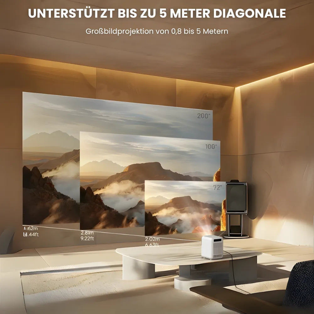 Kompakter Android Beamer – HD 720p, Android 9.0, 300 ANSI Lumen, Autofokus, Staubschutz, bis zu 200 Zoll Projektor