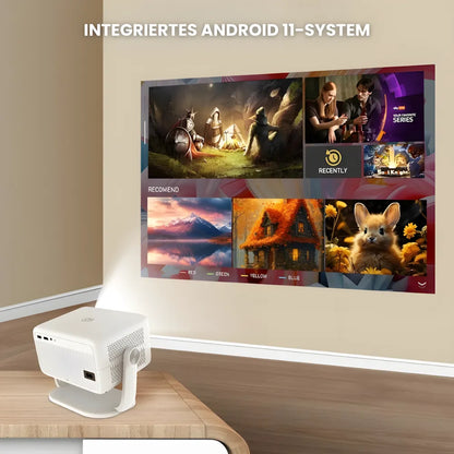 Beamer mit Android 11 und Full HD – Tragbarer Projektor mit 650 ANSI Lumen, Wi-Fi 6 & Bluetooth, 360° drehbar