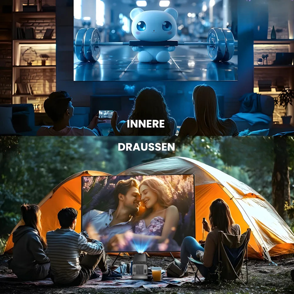 Tragbarer Full HD 1080p Beamer – Android 13, 500 ANSI Lumen, Autofokus, Drehbare Basis, Wi-Fi 6, Bluetooth 5.2 Projektor