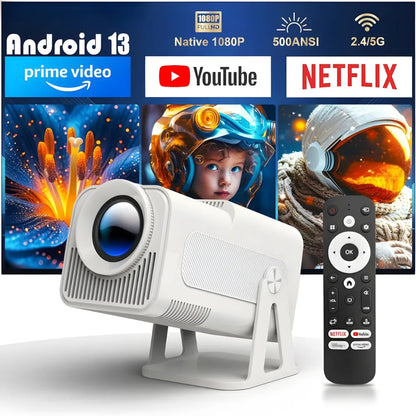 Tragbarer Full HD 1080p Beamer – Android 13, 500 ANSI Lumen, Autofokus, Drehbare Basis, Wi-Fi 6, Bluetooth 5.2 Projektor