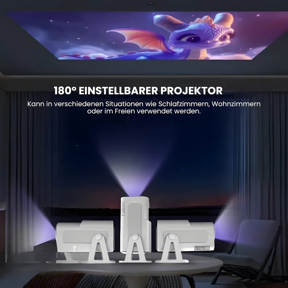 Tragbarer Full HD 1080p Beamer – Android 13, 500 ANSI Lumen, Autofokus, Drehbare Basis, Wi-Fi 6, Bluetooth 5.2 Projektor