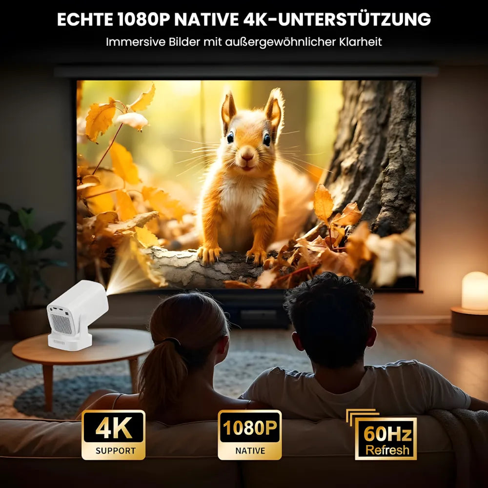 Tragbarer Smart Beamer – Full HD 1080p, Android 11, Autofokus, Wi-Fi 6, Bluetooth 5.4, 180° Rotation, Kurzdistanz Projektor