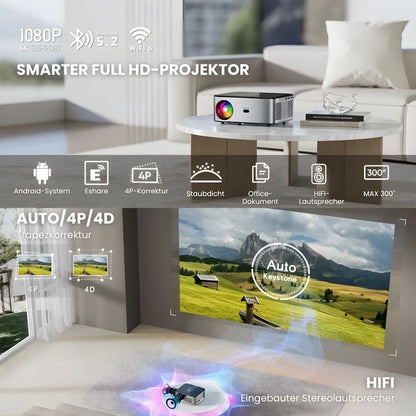 Intelligenter Full HD Beamer – 1100 ANSI Lumen, Android 9.0, Autofokus, Wi-Fi 5G, Bluetooth 5.1 Projektor