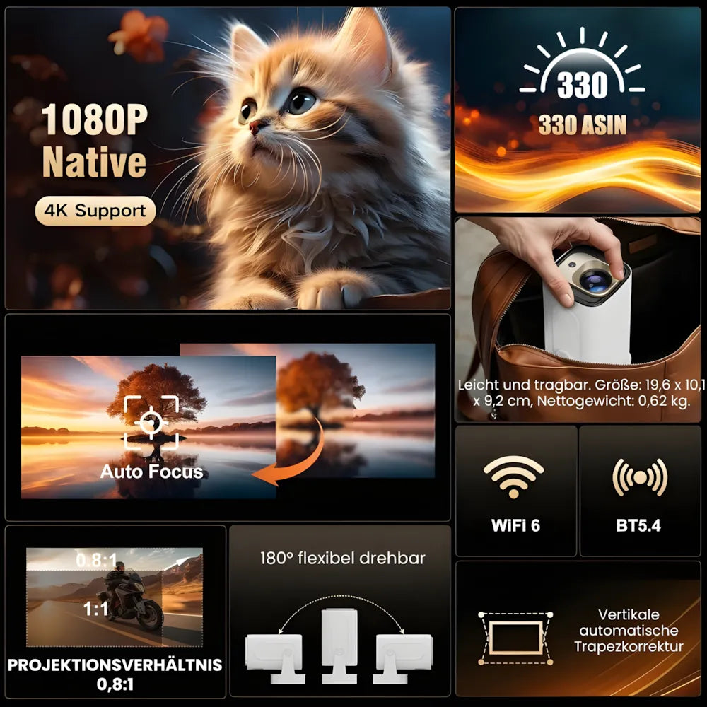 Tragbarer Smart Beamer – Full HD 1080p, Android 11, Autofokus, Wi-Fi 6, Bluetooth 5.4, 180° Rotation, Kurzdistanz Projektor