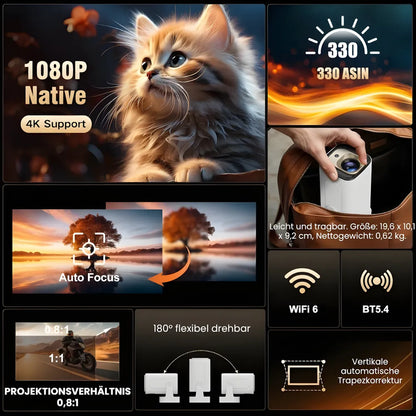 Tragbarer Smart Beamer – Full HD 1080p, Android 11, Autofokus, Wi-Fi 6, Bluetooth 5.4, 180° Rotation, Kurzdistanz Projektor