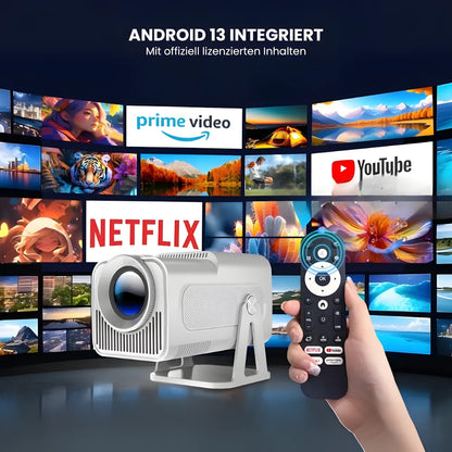 Tragbarer Full HD 1080p Beamer – Android 13, 500 ANSI Lumen, Autofokus, Drehbare Basis, Wi-Fi 6, Bluetooth 5.2 Projektor