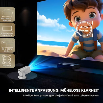 Tragbarer Smart Beamer – Full HD 1080p, Android 11, Autofokus, Wi-Fi 6, Bluetooth 5.4, 180° Rotation, Kurzdistanz Projektor