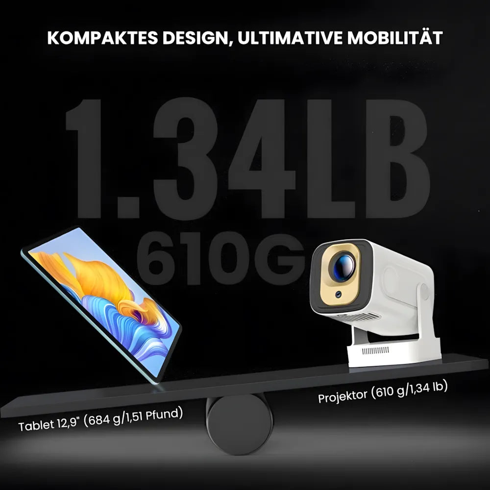 Tragbarer Smart Beamer – Full HD 1080p, Android 11, Autofokus, Wi-Fi 6, Bluetooth 5.4, 180° Rotation, Kurzdistanz Projektor