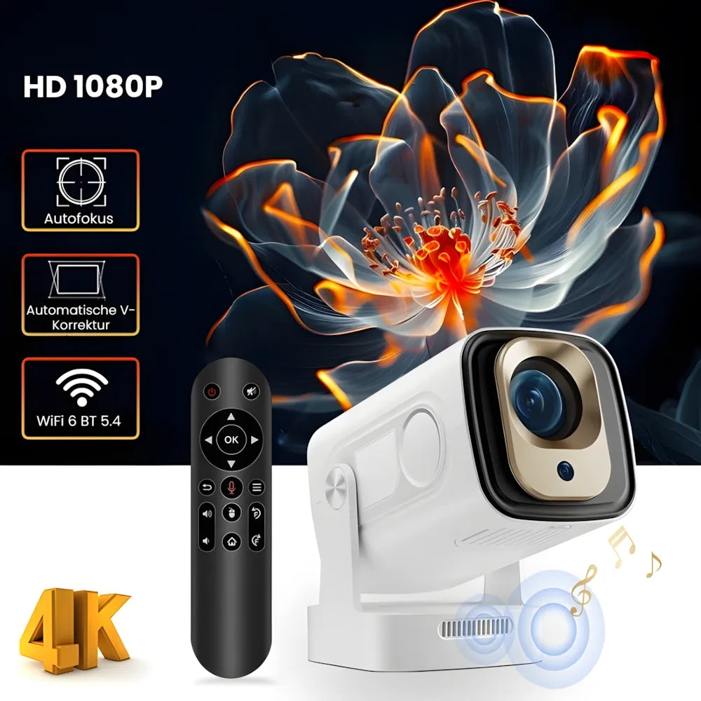 Tragbarer Smart Beamer – Full HD 1080p, Android 11, Autofokus, Wi-Fi 6, Bluetooth 5.4, 180° Rotation, Kurzdistanz Projektor