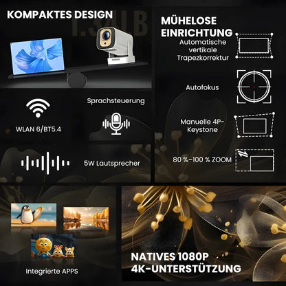 Tragbarer Smart Beamer – Full HD 1080p, Android 11, Autofokus, Wi-Fi 6, Bluetooth 5.4, 180° Rotation, Kurzdistanz Projektor