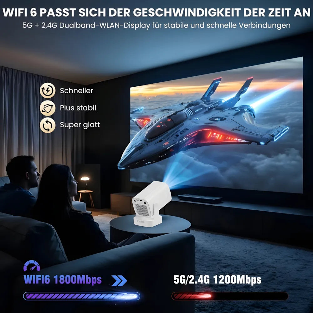 Tragbarer Smart Beamer – Full HD 1080p, Android 11, Autofokus, Wi-Fi 6, Bluetooth 5.4, 180° Rotation, Kurzdistanz Projektor