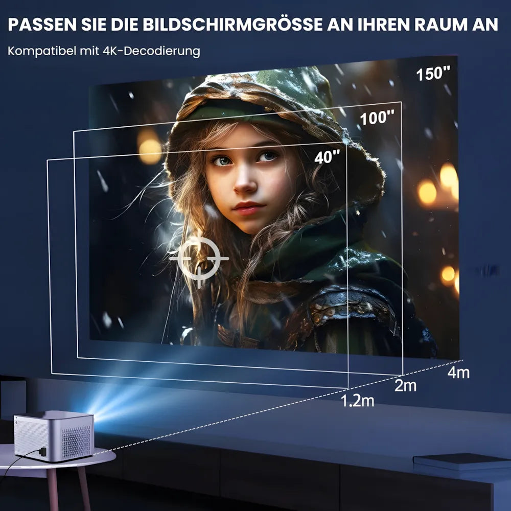 Full HD Android Beamer – 1080p nativ, 580 ANSI Lumen, automatische Korrektur, 1.35x optischer Zoom, Bluetooth, bis zu 250 Zoll Projektor