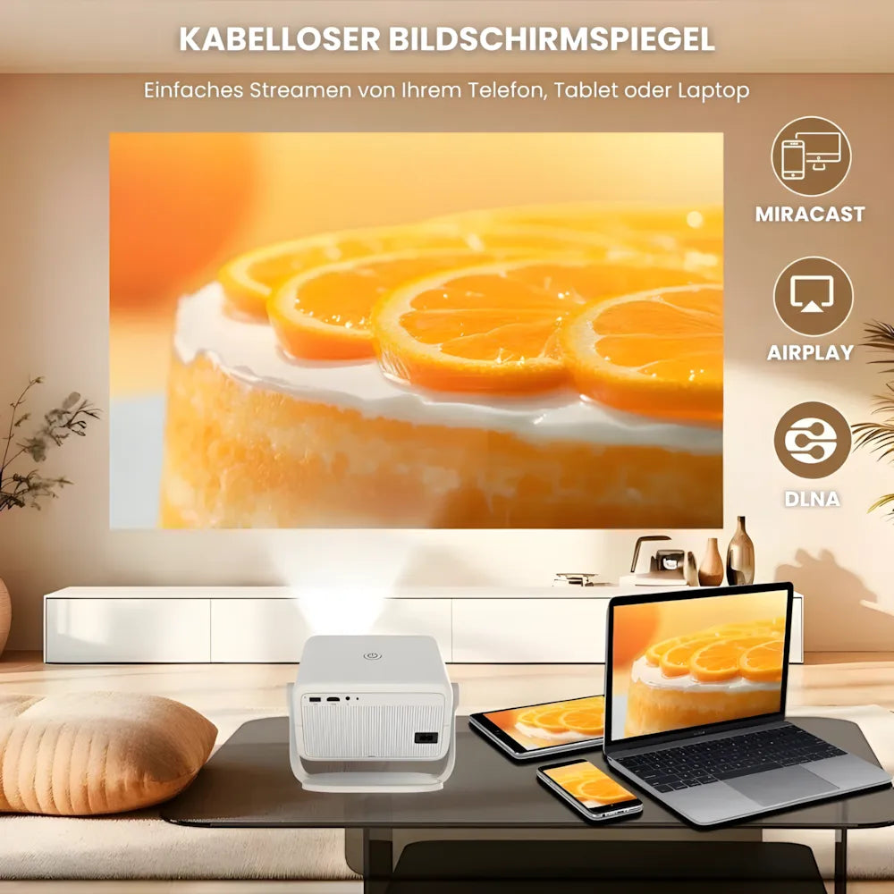 Beamer mit Android 11 und Full HD – Tragbarer Projektor mit 650 ANSI Lumen, Wi-Fi 6 & Bluetooth, 360° drehbar