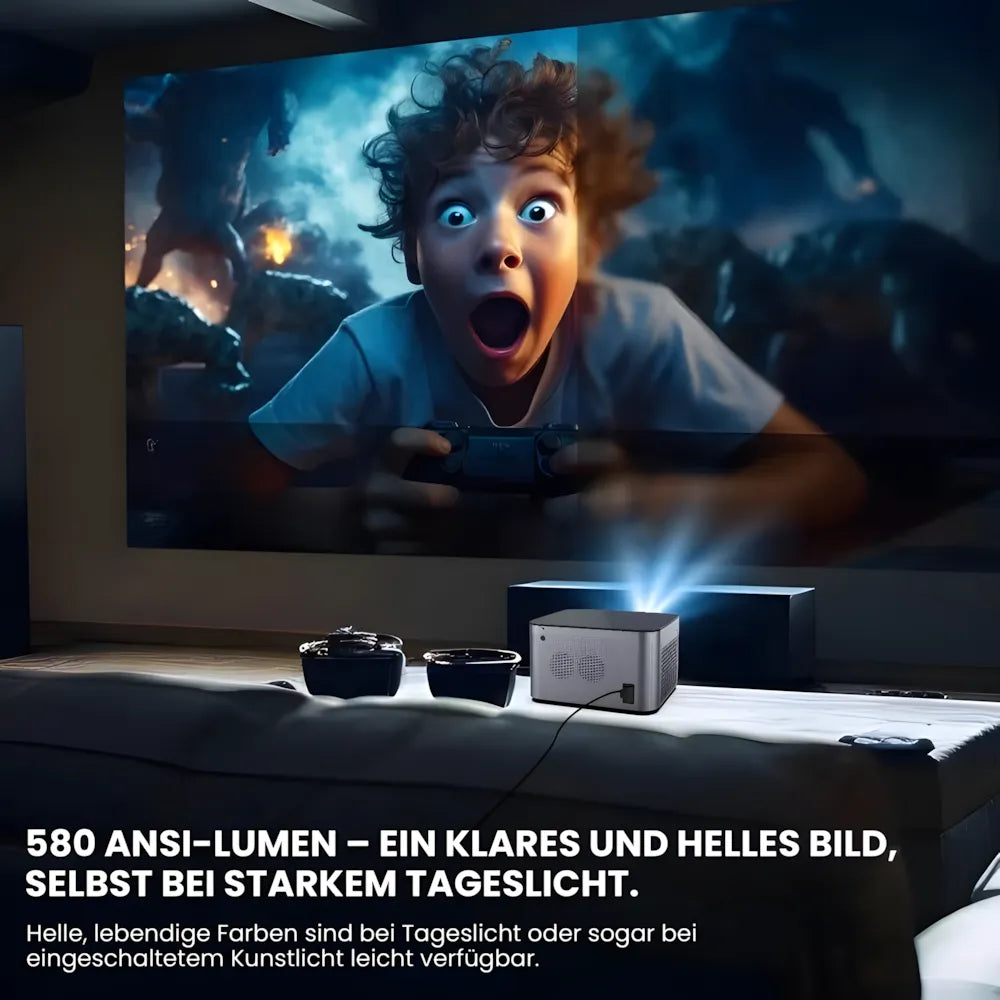 Full HD Android Beamer – 1080p nativ, 580 ANSI Lumen, automatische Korrektur, 1.35x optischer Zoom, Bluetooth, bis zu 250 Zoll Projektor