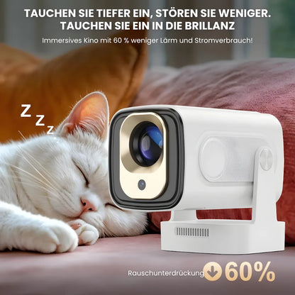 Tragbarer Smart Beamer – Full HD 1080p, Android 11, Autofokus, Wi-Fi 6, Bluetooth 5.4, 180° Rotation, Kurzdistanz Projektor