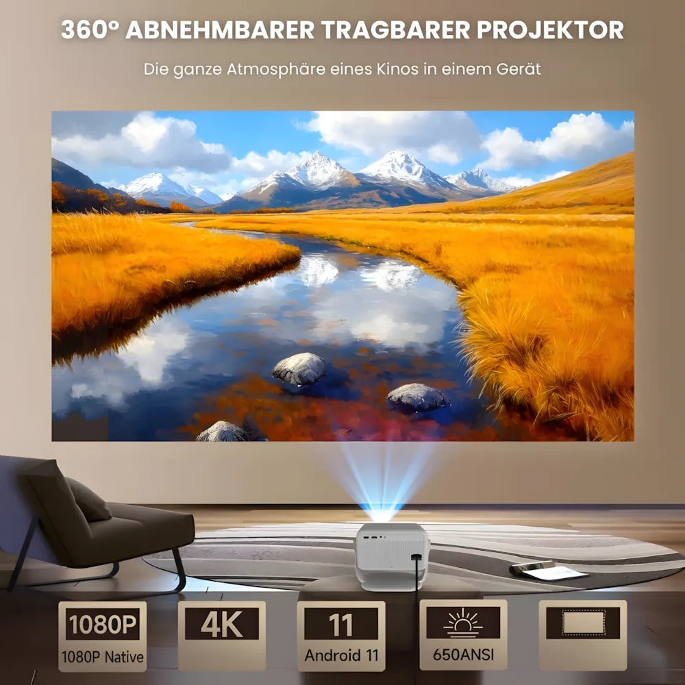 Beamer mit Android 11 und Full HD – Tragbarer Projektor mit 650 ANSI Lumen, Wi-Fi 6 & Bluetooth, 360° drehbar