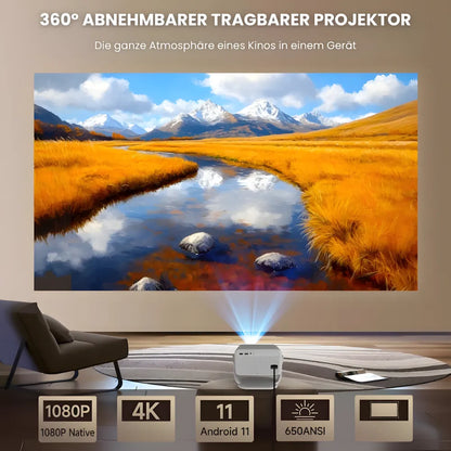 Beamer mit Android 11 und Full HD – Tragbarer Projektor mit 650 ANSI Lumen, Wi-Fi 6 & Bluetooth, 360° drehbar