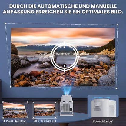 Tragbarer Full HD 1080p Beamer – Android 13, 500 ANSI Lumen, Autofokus, Drehbare Basis, Wi-Fi 6, Bluetooth 5.2 Projektor