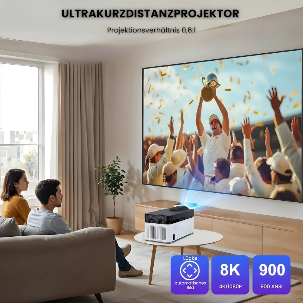 Beamer Ultra-Kurzdistanz – Full HD 1080p, Android 11, 900 ANSI Lumen, Autofokus, Wi-Fi 6 & Bluetooth 5.4 Projektor